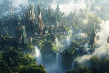 A futuristic city nestled amidst lush greenery and cascading waterfalls, a breathtaking blend of nature and technology.