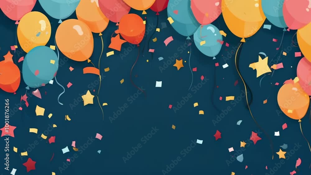 Poster Colorful balloons float on dark blue background with falling confetti, creating festive atmosphere. Perfect for joyous occasions