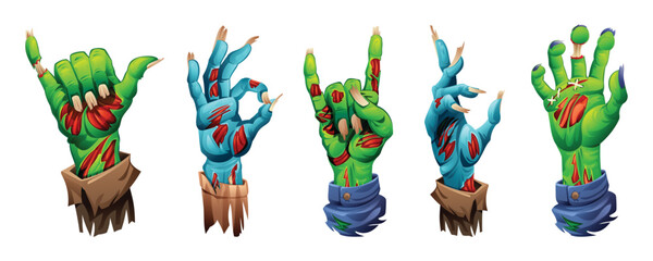 Creepy zombie hands with claws and torn flesh, in various horror gestures. Vector cartoon illustration