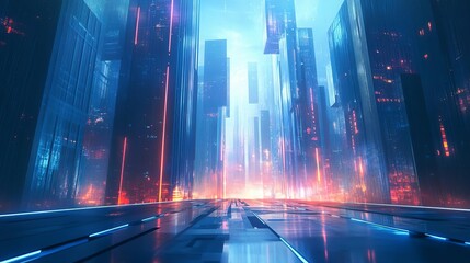 A futuristic cityscape with glowing skyscrapers and neon lights. The city is bathed in a blue and red light, creating a surreal and otherworldly atmosphere.