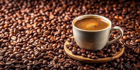 Fototapeta premium A cup of coffee with crema resting on a wooden saucer surrounded by coffee beans