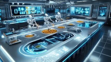 A futuristic laboratory with three robots working on a large table with advanced technology.