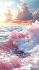 Fototapeta premium Pink-hued wave crashing in the ocean at sunset