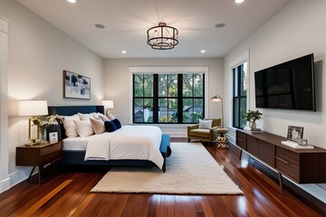 Contemporary Cozy Bedroom Design with Polished Hardwood Flooring and Modern Decor