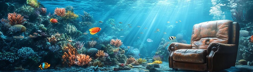 Fototapeta premium A leather armchair sits on an ocean floor surrounded by coral and fish.