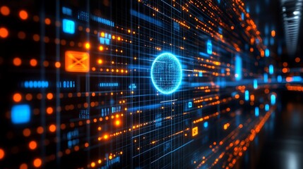 Fototapeta premium A futuristic digital landscape with glowing blue and orange lines and dots, creating a sense of depth and connectivity.