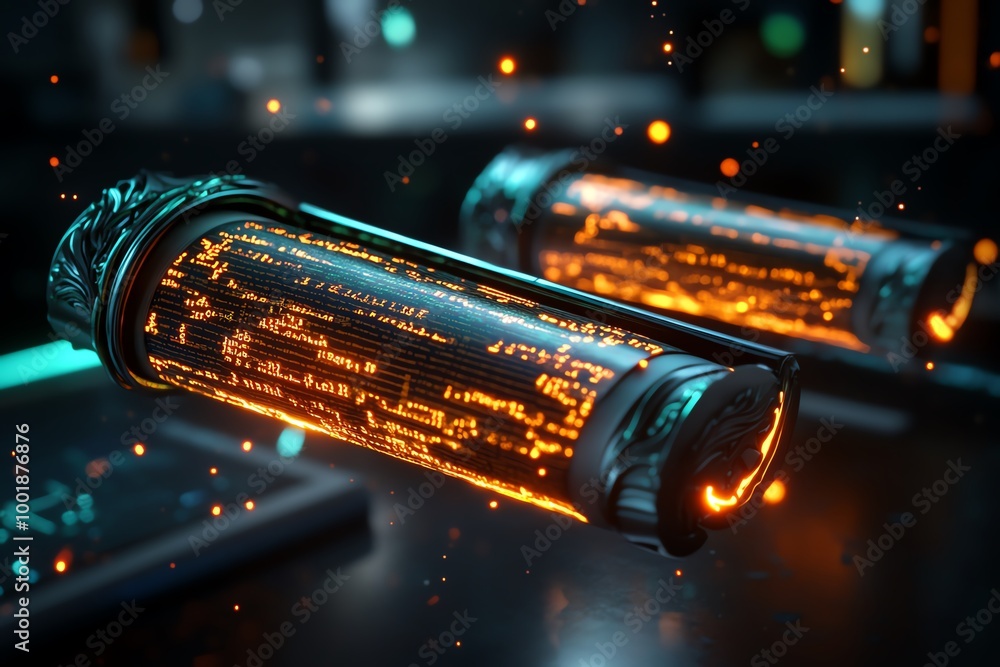 Aufkleber Fantasy world programming visualized as enchanted scrolls with glowing, moving code floating through the air in a magical lab