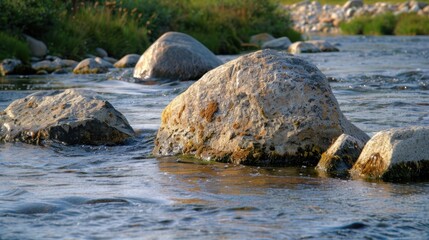 Fototapeta premium Large Boulders in the Middle of a Flowing River
