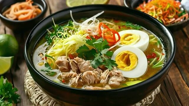 A Bowl of Delicious Chicken Noodle Soup with Egg and Vegetables