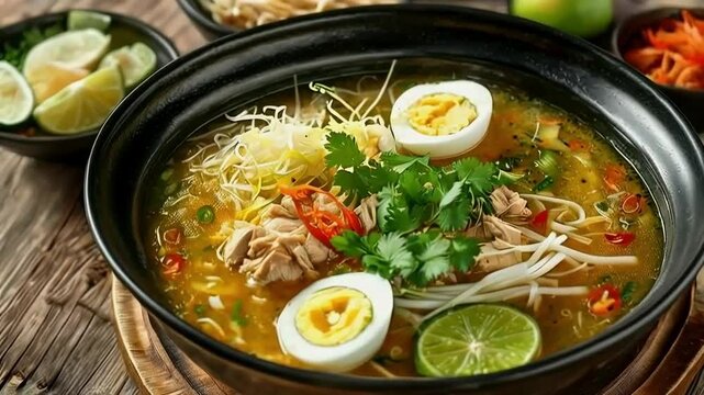 Delicious Chicken Noodle Soup with Egg, Lime, and Cilantro, served on black bowl