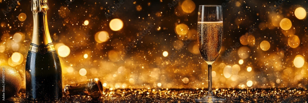 Poster celebrating with a bottle of champagne and a glass of sparkling wine against a festive backdrop of g