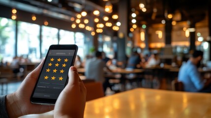 A hand holds a smartphone featuring a five-star rating system, set against a blurred backdrop of a lively office environment, emphasizing customer feedback collection