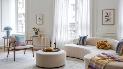 Modern Stylish Living Room Featuring A Round Ottoman, Vibrant Floral Arrangements, And Bold Decor, Blending Energy With Comfort. Perfect For Home Decor And Mock-up Poster Frames, Living Room Interior