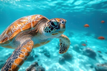 Fototapeta premium Majestic Sea Turtle Swimming in Clear Blue Water