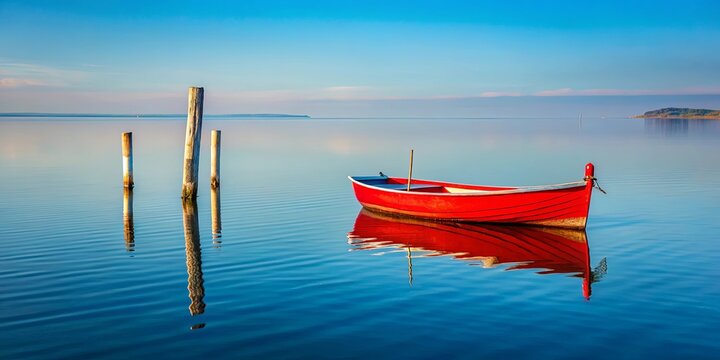 A lone red boat rests serenely on the tranquil waters of a still lake, its reflection mirroring the peaceful scene, while weathered wooden posts stand guard in the shallows.