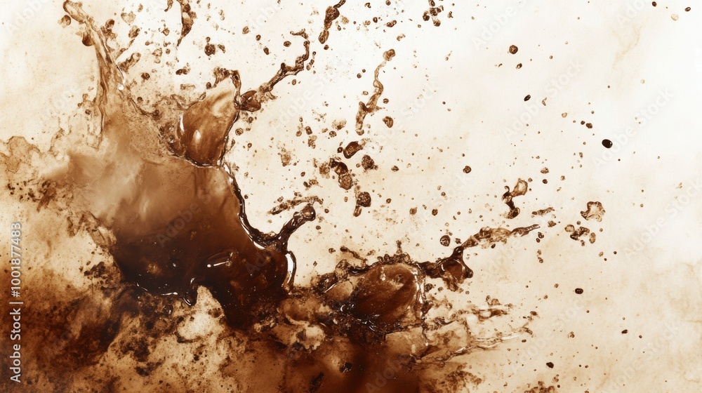 Poster an artistic exploration of coffee stains and splashes capturing dynamic patterns on a neutral backgr