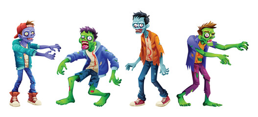 Collection of cartoon zombie characters with different poses. Vector illustration