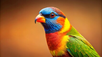 A vibrant bird with blue, red, yellow, and green feathers, a striking red eye, and a bright orange beak.