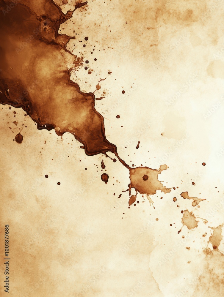 Poster an abstract artistic background created from spilled coffee stains and splashes on a textured surfac