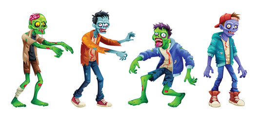 Set of cartoon zombie characters standing in various poses with creepy expressions. Vector illustration