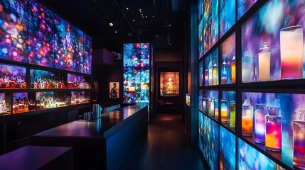 A lively avant-garde cocktail lounge filled with an electrifying atmosphere, featuring shifting holographic decor that dynamically transforms the space. The bar is lined with shelves displaying 