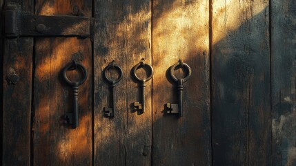 Fototapeta premium Old Iron Keys Hanging on Rustic Wooden Wall