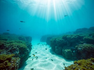 Fototapeta premium Vibrant underwater scene featuring coral reefs, various species of fish, and clear blue water with sunlight filtering down from above, creating a serene aquatic environment.