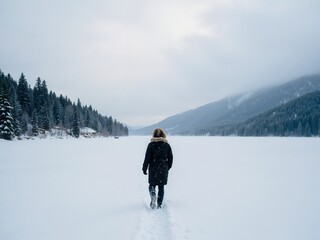 A person dressed warmly in a parka is walking through a vast snowy landscape, surrounded by tall evergreen trees and towering mountain ranges in the distance.