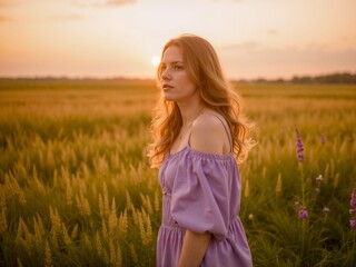 Obraz premium A serene image of a young woman standing in a grassy field during sunset, enveloped in golden hues, portraying tranquility, beauty, and contemplation.