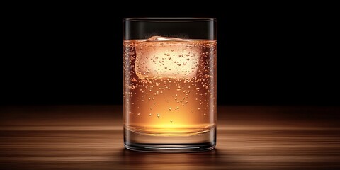 A glass of sparkling amber liquid, with a large ice cube, sits on a wooden surface, illuminated by a warm light, inviting a sip.
