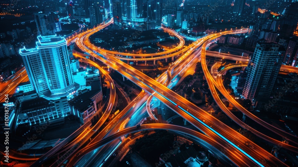 Poster overhead view of a complex highway network at night