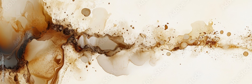 Poster abstract artistic background featuring spilled coffee stains and splashes on a light surface, creati