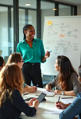 A determined female leader in a green blouse conducts an interactive session with a team at a meeting table, discussing plans outlined on a whiteboard in a bright room.