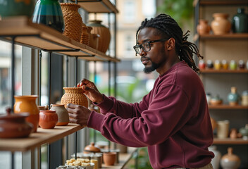 A man carefully placing handcrafted pottery on shelves in a well-lit shop, showcasing attention to detail amidst an array of clay pots and decorative items, highlighting artisan craftsmanship.