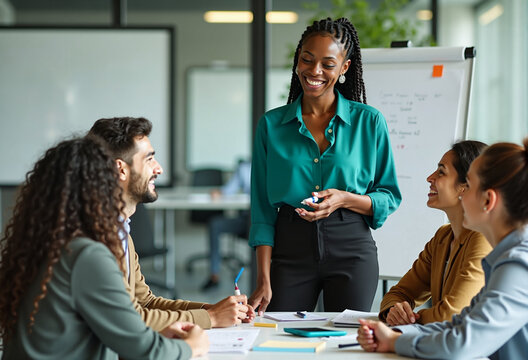 A confident team leader in a teal blouse enthusiastically guides a diverse group through a strategic planning session at an office, with a whiteboard full of ideas.
