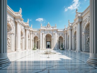 Obraz premium A picturesque marble courtyard adorned with classical statues and intricate carvings, basking under a clear blue sky, showcasing a blend of artistry and architecture.