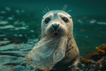 Seal with Plastic Bag in Ocean Water