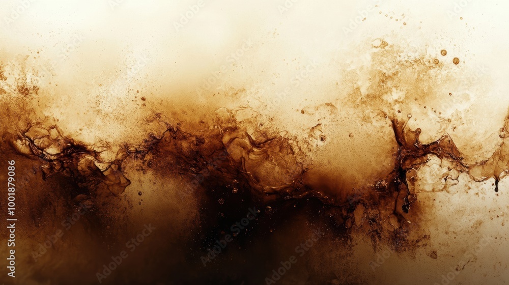 Poster abstract background featuring spilled coffee stains and splashes on a textured surface, creating a d