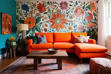 Vibrant Orange Sectional and Wooden Coffee Table in an Eclectic Bohemian Living Room with a Whimsical Floral Mural
