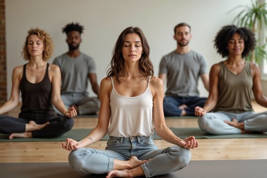 A group of diverse individuals are meditating together in a serene yoga studio. The peaceful atmosphere and focused expressions emphasize mindfulness and tranquility.