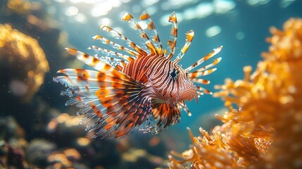 Colorful Lionfish Swimming Among Corals Underwater