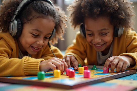 Two happy children wearing headphones engage in a vibrant board game, fostering cooperation, concentration, and joy in a fun and educational setting.