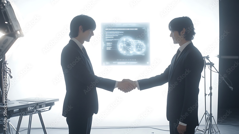 Poster two businessmen shaking hands in front of a screen with a futuristic design.