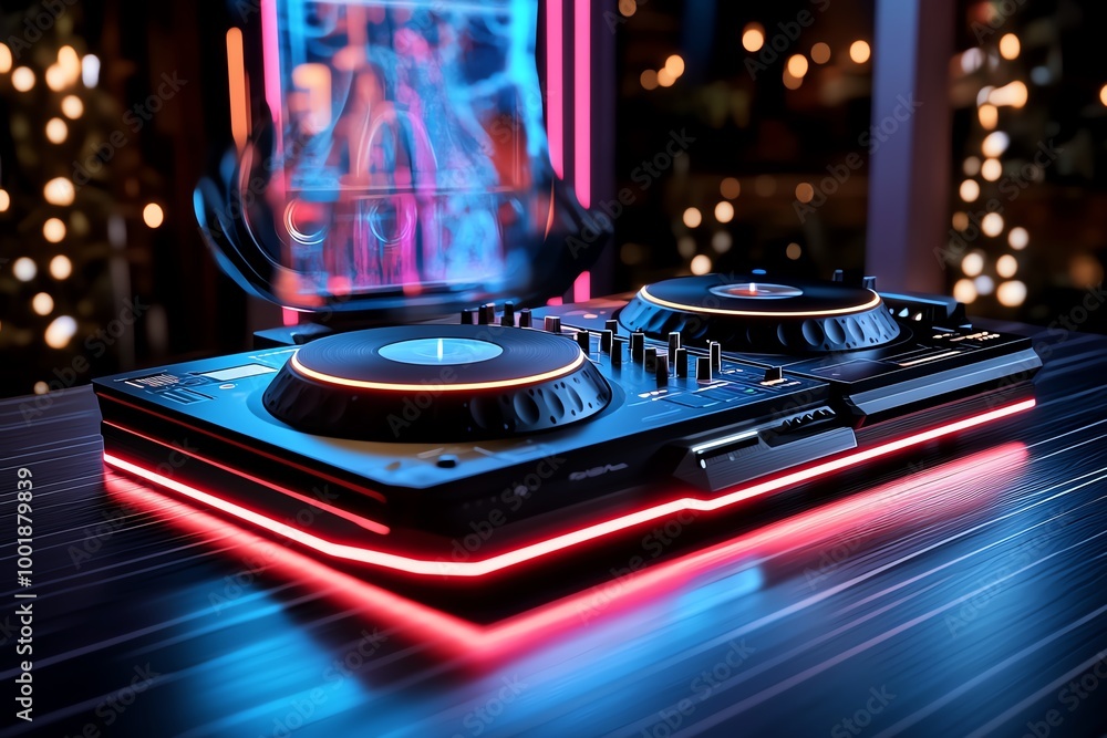 Aufkleber Futuristic DJ setup with floating turntables, where music is controlled by hand gestures in a fully immersive, holographic environment, with neon lights pulsing to the beat