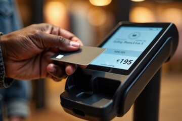 A close-up of a hand holding a card making a contactless payment on a digital terminal, showcasing modern technology and convenience in financial transactions at a store.