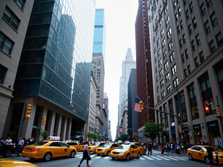 A bustling street in a metropolitan city featuring numerous yellow taxis moving amidst tall buildings, capturing the dynamic and fast-paced urban lifestyle of city commuters.