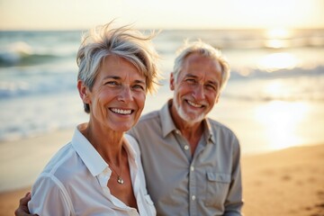 A happy senior couple enjoys a peaceful moment on a sunset beach. Their smiles reveal comfort and love, while the ocean waves softly break behind them.