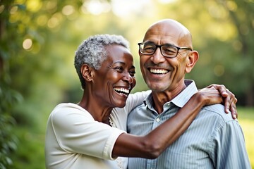 Fototapeta premium An elderly couple is captured in a moment of joy, laughing and embracing each other warmly, within a serene garden scene, symbolizing love and companionship.
