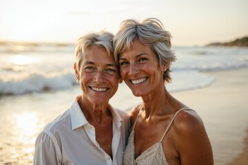 Fototapeta premium Two women enjoy a joyful moment on a sunlit beach. Their radiant smiles echo happiness and friendship, as gentle waves touch the shore in the background.