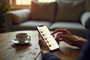 A person is browsing a food delivery menu on a smartphone while sitting at a wooden table with a coffee cup, illustrating modern digital conveniences and decision-making.